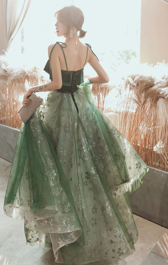 Beautiful Dark Green Straps Tulle with Velvet Party Dress, Green Evening Gown Prom Dress - Fashionpara