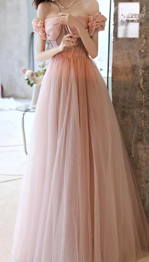 Handmade Retro Princess Off Shoulder Pink Prom Evening Dress - Fashionpara