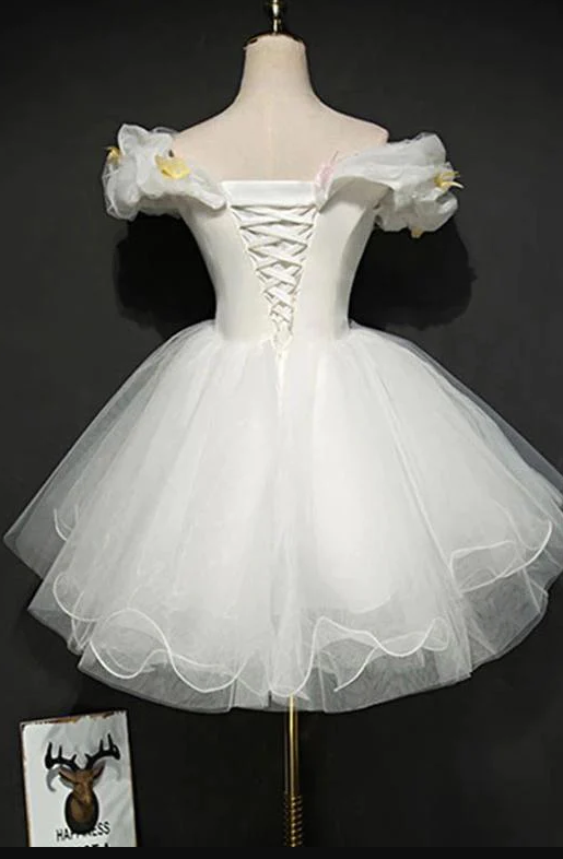 Ivory Off The Shoulder Princess Tulle Homecoming Dress, Mini Puffy Sweet 16 Dress - Fashionpara