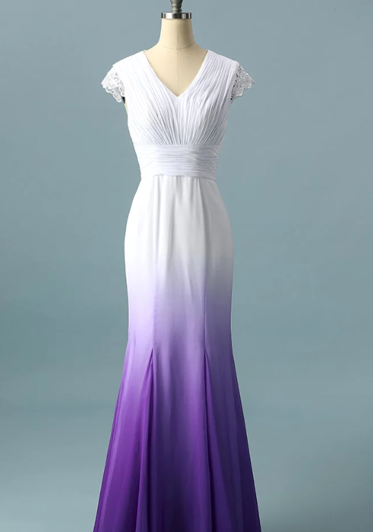 V neck Ombre Formal Prom Dress, A Line Wedding Dress Party Gown
