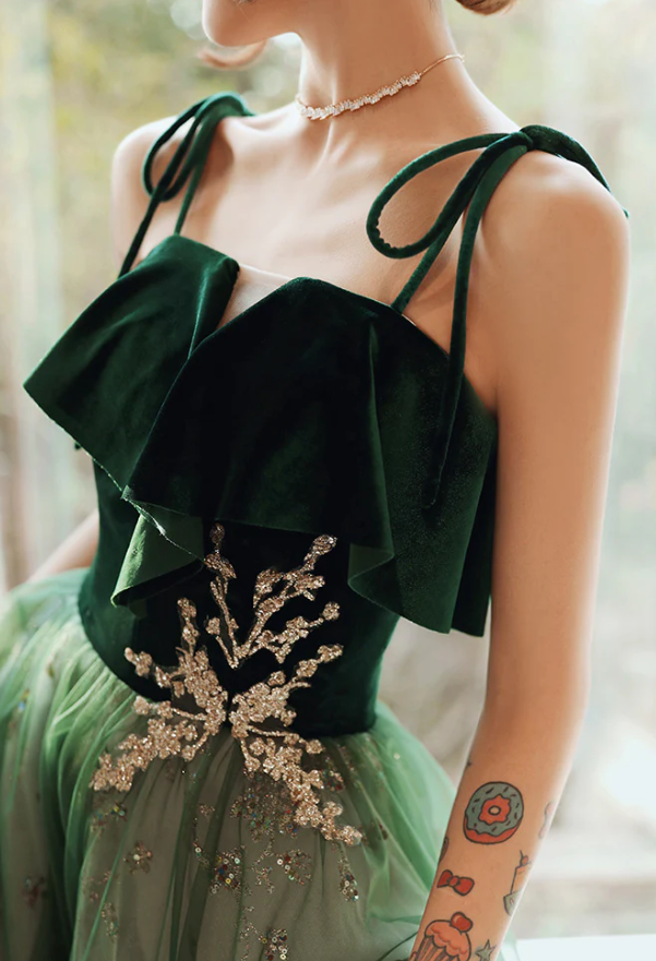 Beautiful Dark Green Straps Tulle with Velvet Party Dress, Green Evening Gown Prom Dress - Fashionpara