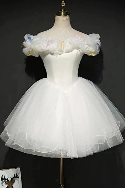 Ivory Off The Shoulder Princess Tulle Homecoming Dress, Mini Puffy Sweet 16 Dress - Fashionpara