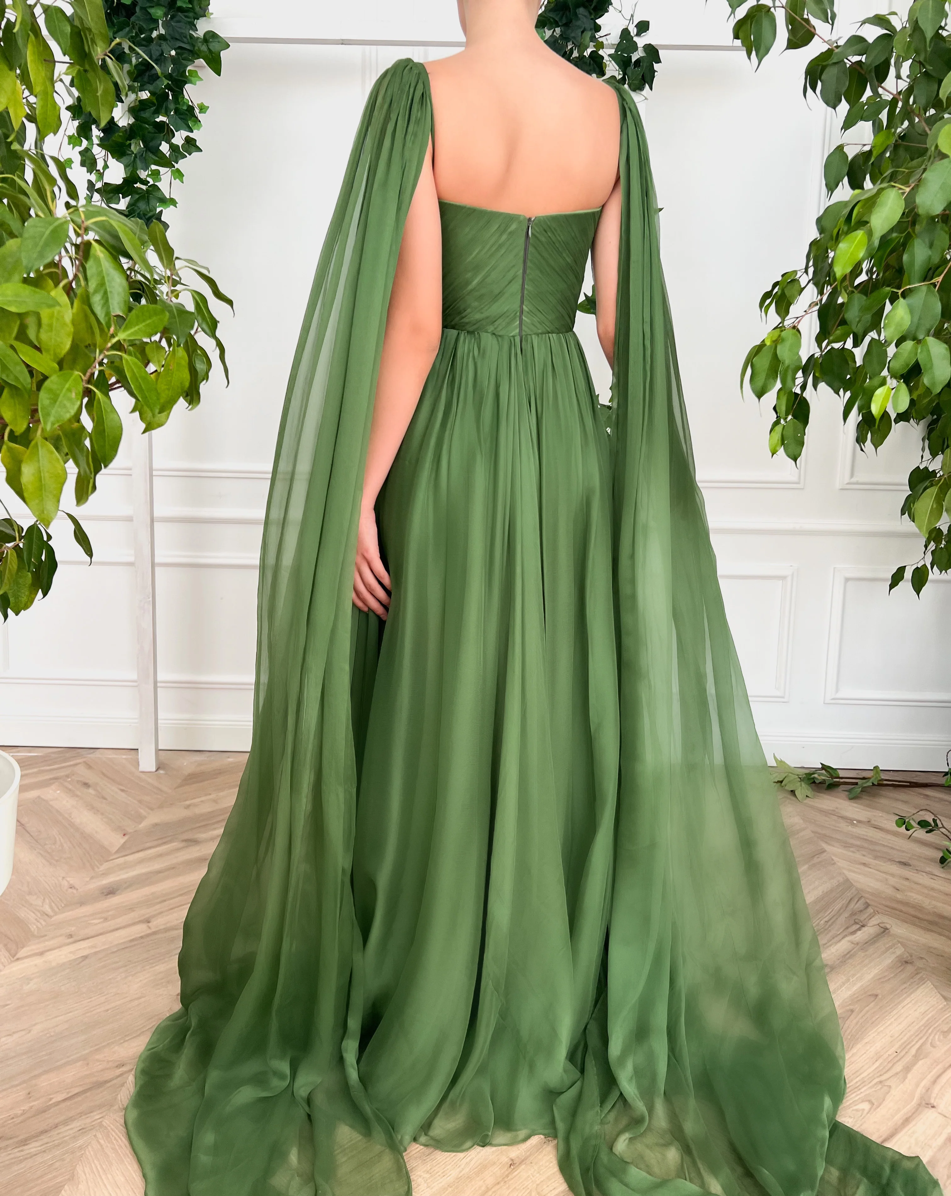 Green V-neck chiffon long prom dress A-line evening dress - Fashionpara