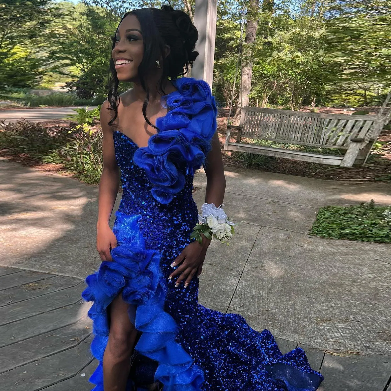 Blue Long Prom Dress Sequined Ruffles Side Split Sexy Evening Dress Graduation Party Gowns - Fashionpara