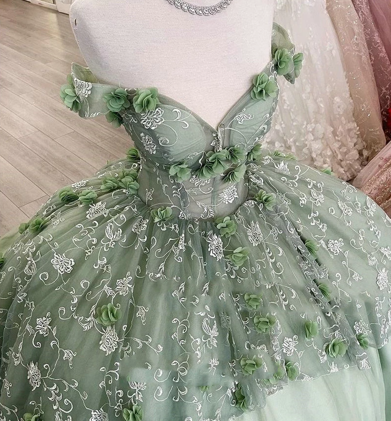 Mint Green Floral Lace Handmade Flowers Quinceanera Dresses lace-up corset Off Shoulder Tiered Corset For Sweet 15 Girls Party - Fashionpara