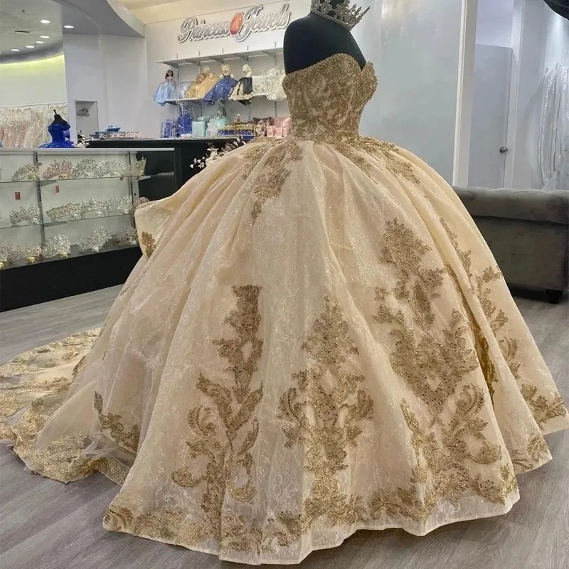 Quinceanera Dresses Sequined Lace Appliques Off Shoulder Lace-up Corset Princess prom vestidos de 15 anos - Fashionpara