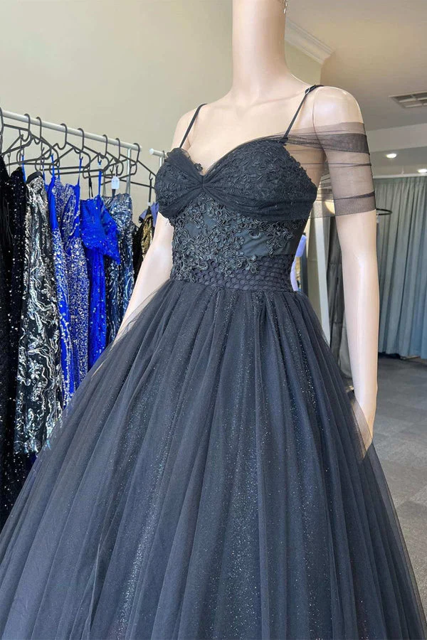 A Line Wedding Dress Princess V Neck Black Tulle Cold-Shoulder Long Prom Gown Formal Dresses