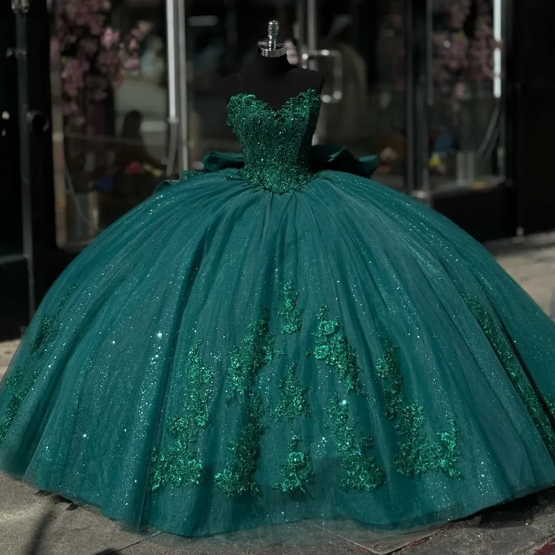 Green Appliques Lace Tull Ball Gown Quinceanera Dress Off The Shoulder Glitter Crystal Corset Dress - Fashionpara