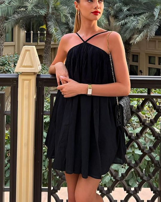 Sleeveless Casual Sling Dress Beach One Piece Halter Black Short Prom Dress Party Dresses - Fashionpara