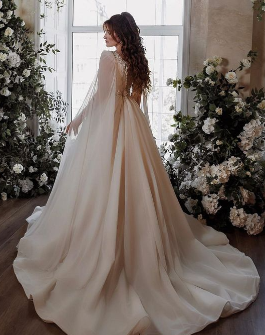Boho Square Neck Wedding Dress with Sparkling Stone Crystals Cape Features Chiffon Sleeves Formal Event Gown