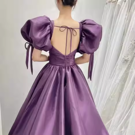 Satin Purple Puffy Sleeves Corset Prom Dress Pageant Party Dress Gala Sweet 16 Quinceanera Gown - Fashionpara