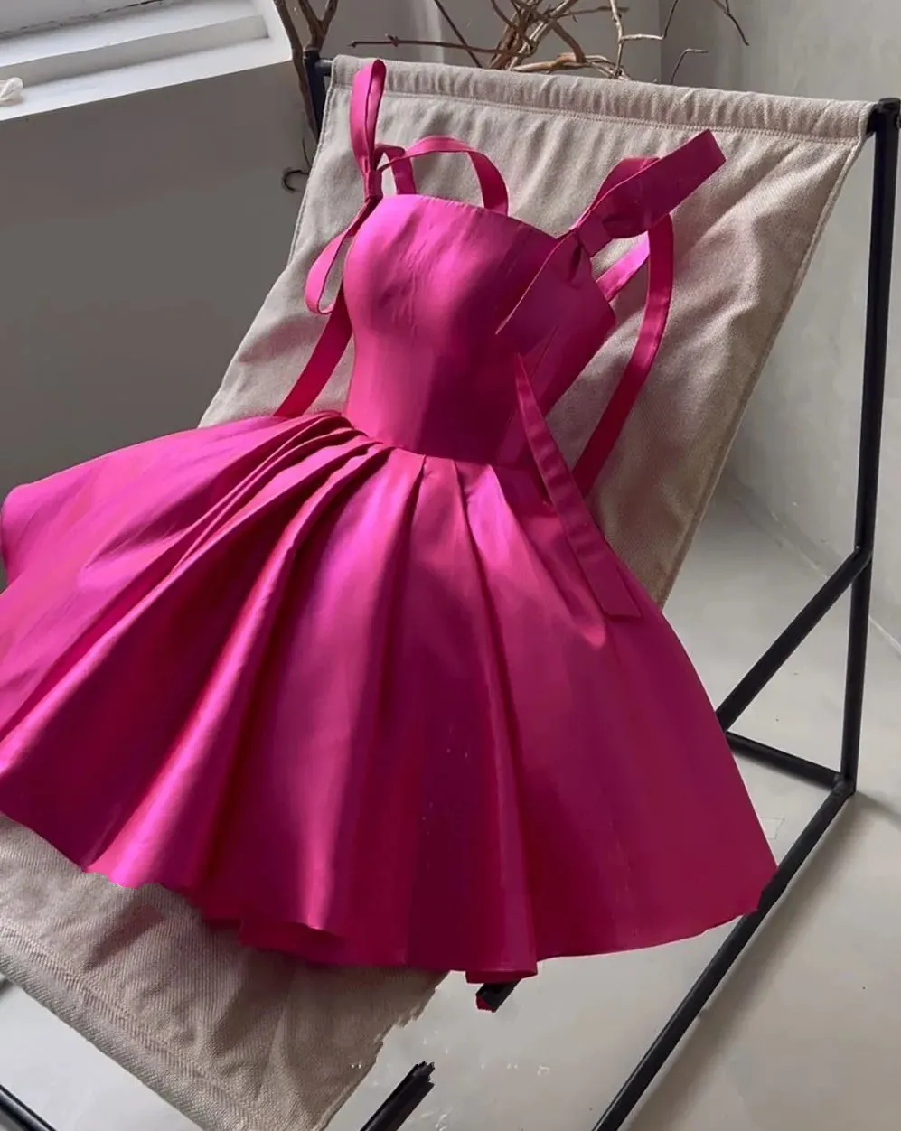 A Line Mini Prom Party Dress Bow Straps Satin Graduation Prom Ball Gown Short Cocktail Evening Gowns - Fashionpara