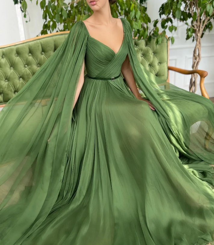 Green V-neck chiffon long prom dress A-line evening dress - Fashionpara
