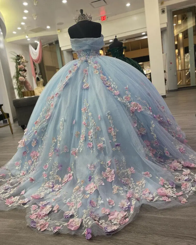 Light Blue Puffy Ball Gown Quinceanera Dresses Off Shoulder Flower Corset Sweet 16 Dress