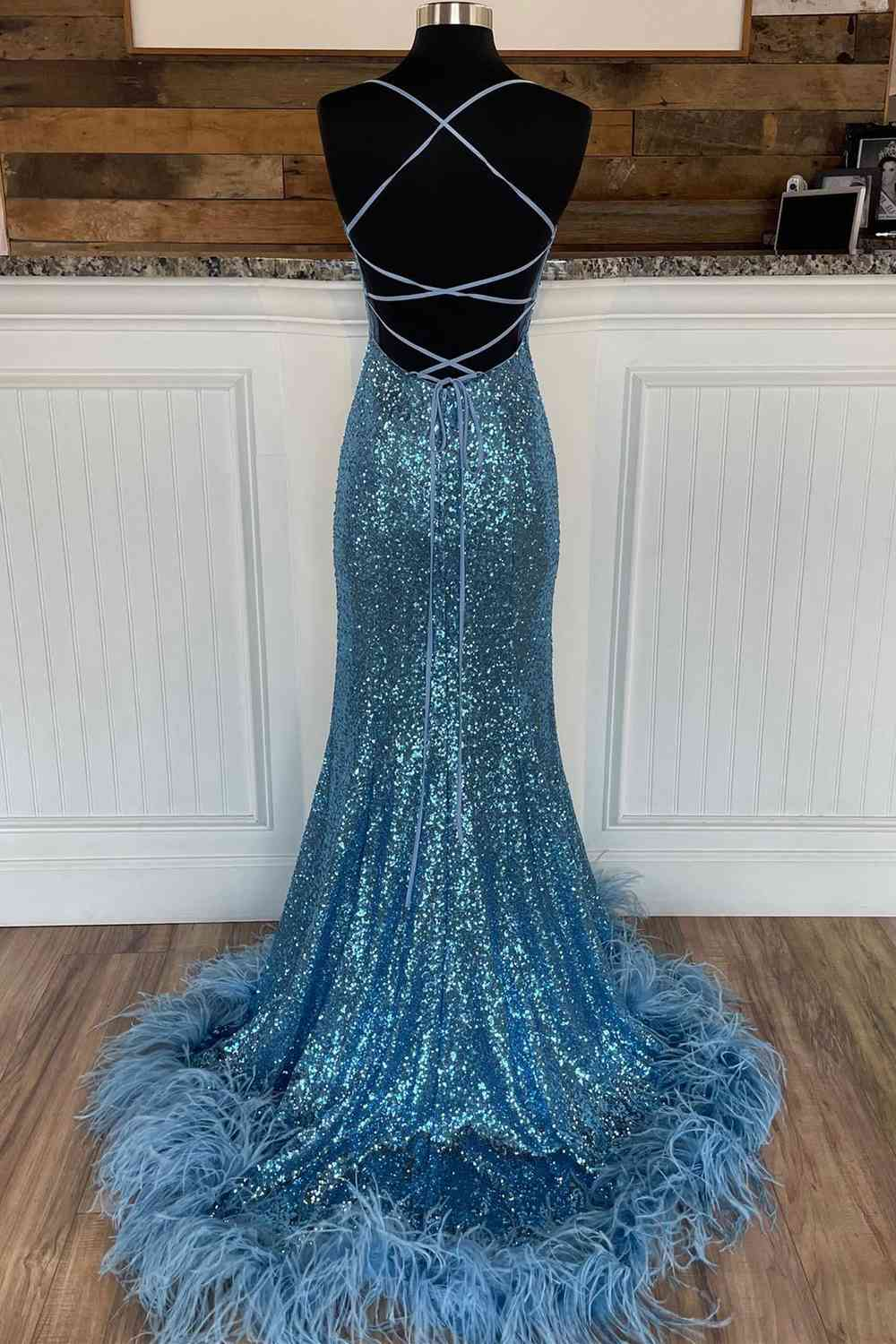 Long Sequined Straps Prom Dress with Feather Hem - Fashionpara