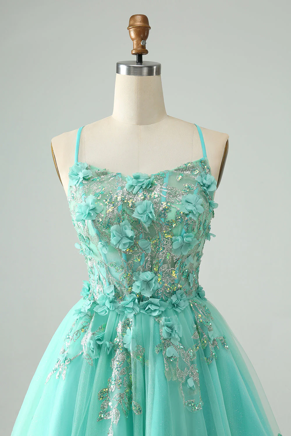 Sweet Green A Line Spaghetti Straps Corset Short Homecoming Dress with Appliques - Fashionpara