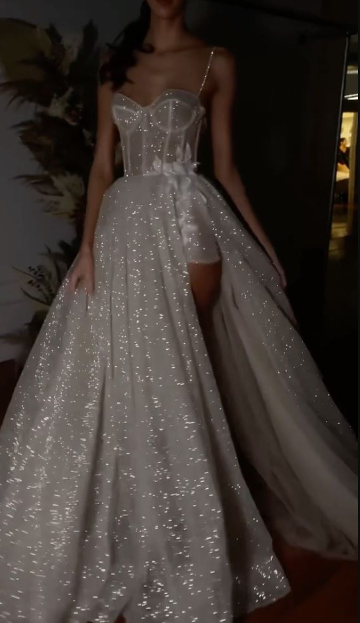 A Line Spaghetti Straps Sparkly Bohemian Wedding Dress