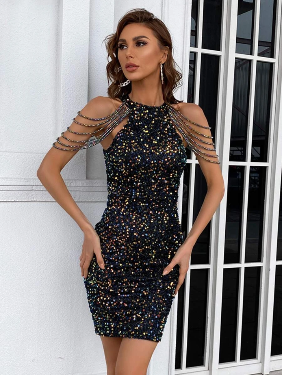 Sequin Beaded Halter Neck Bodycon Midi Dress