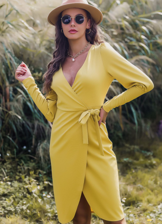Wrap Front V-Neck Long Sleeve Tie Waist Midi Dress 3
