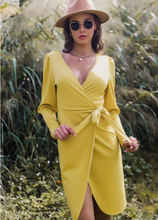 Wrap Front V-Neck Long Sleeve Tie Waist Midi Dress 2