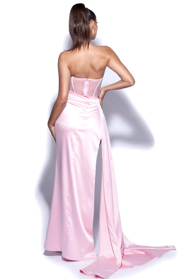 Crystallized Corset High Slit Satin Gown - Fashionpara