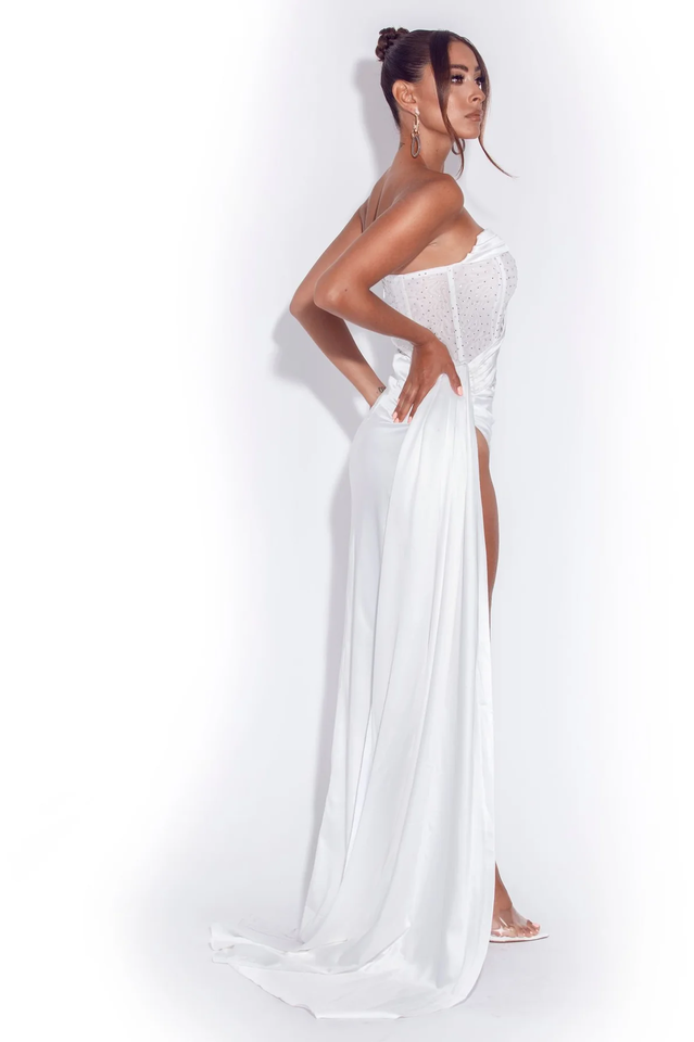 Crystallized Corset High Slit Satin Gown - Fashionpara