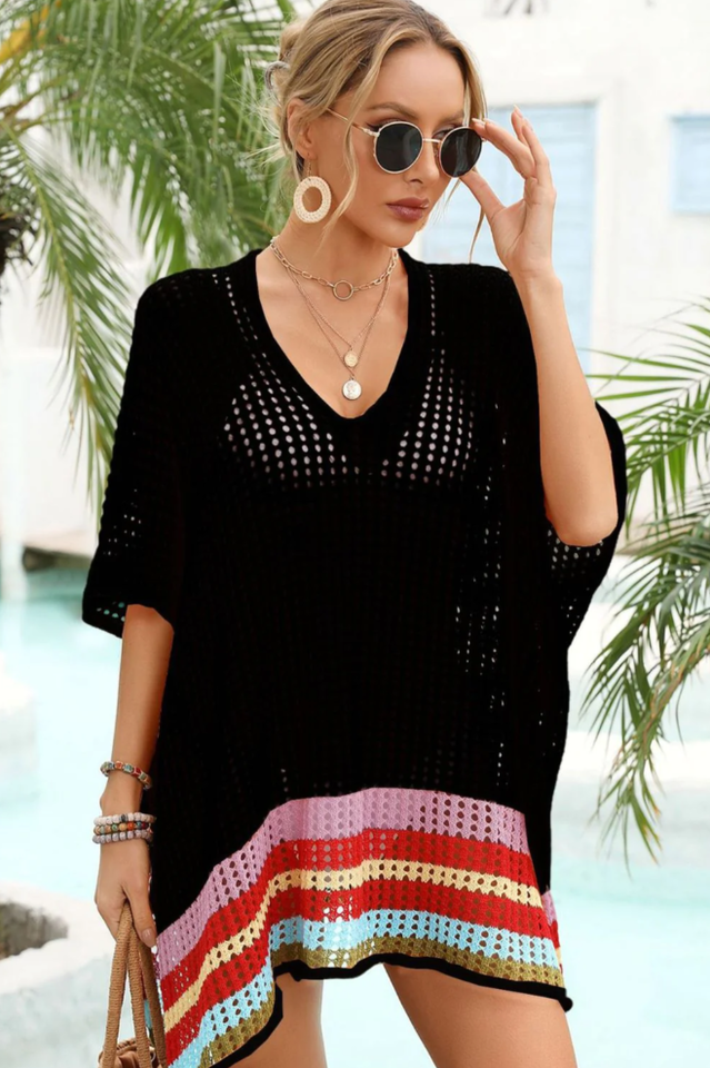 Rainbow Stripe Openwork Slit Cover Up - Fashionpara