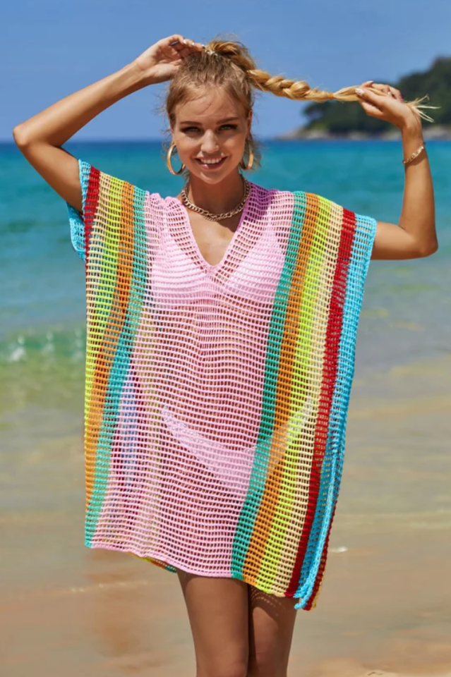 Rainbow Colorblock Crochet Cover Up - Fashionpara