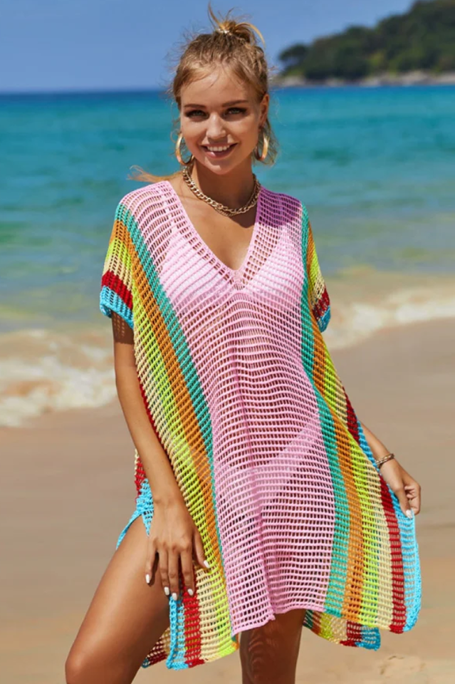 Rainbow Colorblock Crochet Cover Up - Fashionpara