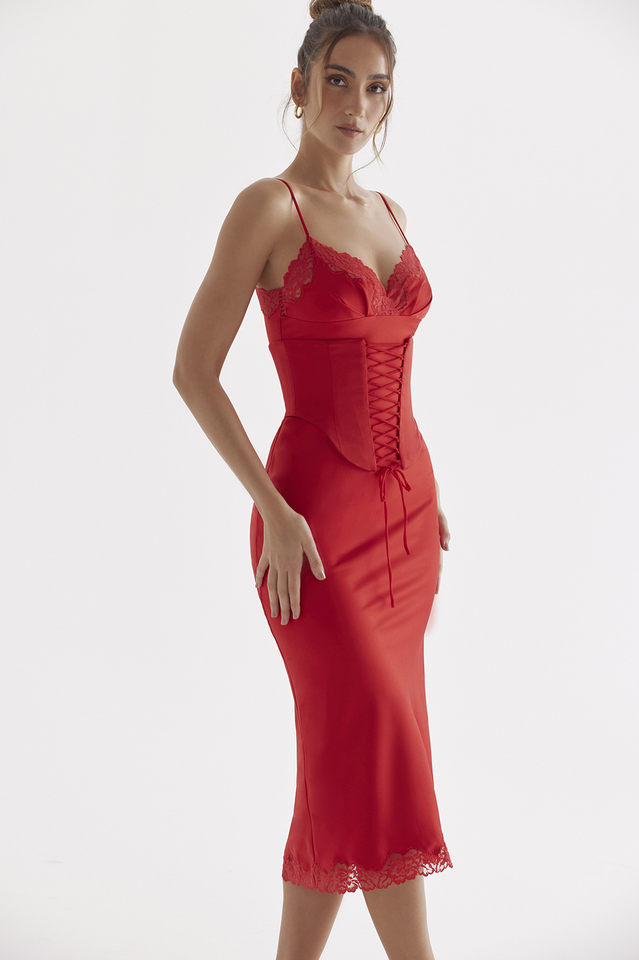 Satin Corset Lace Up Lace Trim Slip Midi Dress - View 19