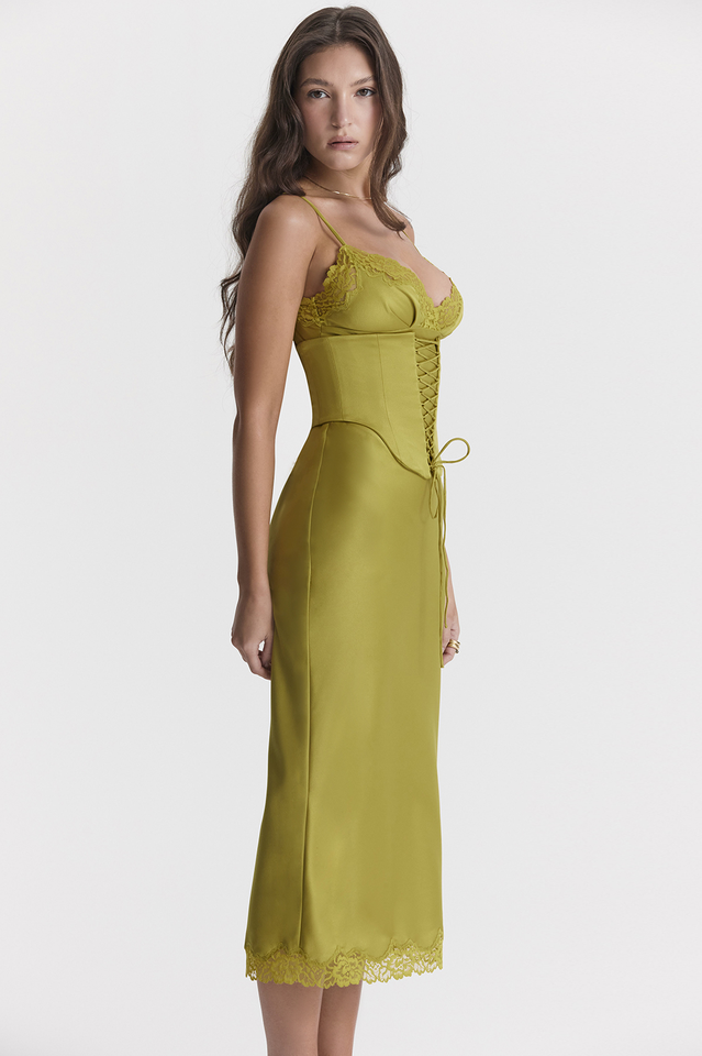 Satin Corset Lace Up Lace Trim Slip Midi Dress 26