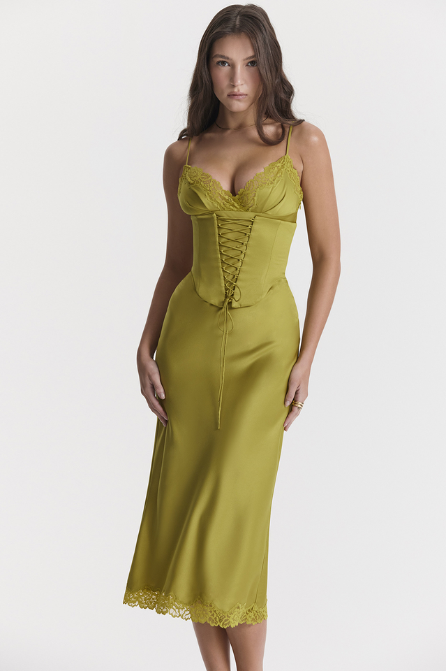 Satin Corset Lace Up Lace Trim Slip Midi Dress - View 22