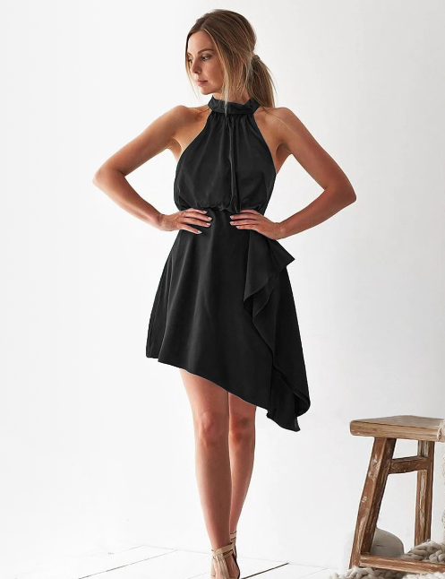 Satin Halter-Neck Blouson Asymmetric-Hem Midi Dress 10