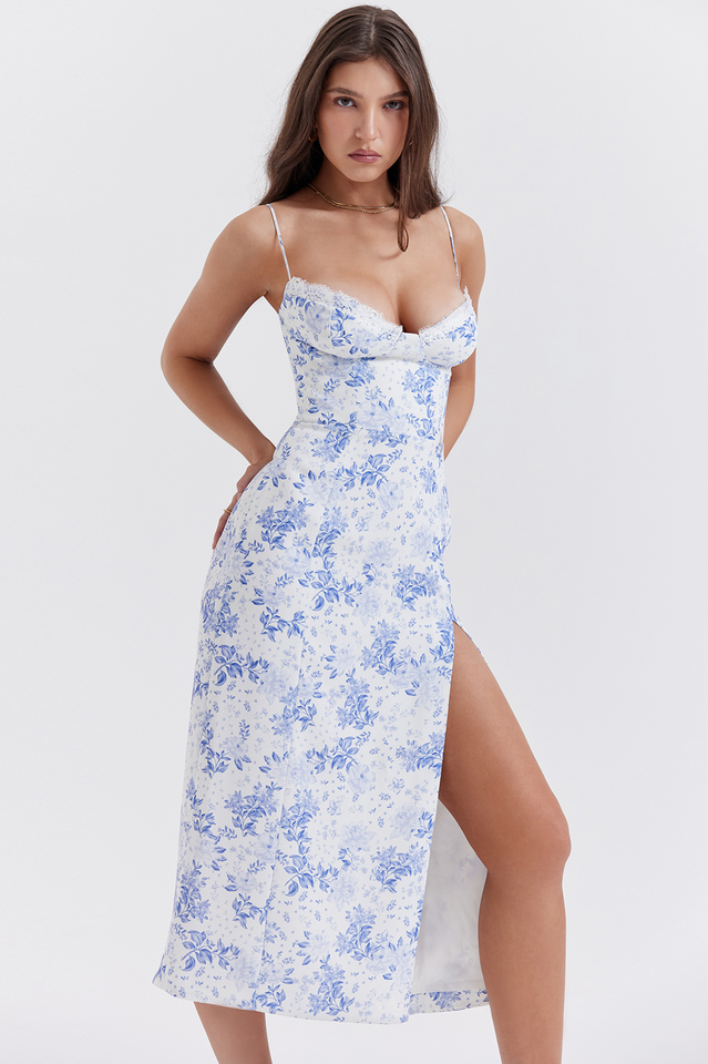 Floral Print Sweetheart Lace Trim Spaghetti Strap Slip Midi Dress - View 2