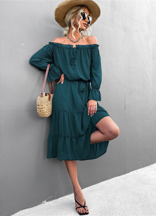 Chiffon Off Shoulder Long Sleeve Tiered Midi Dress 8