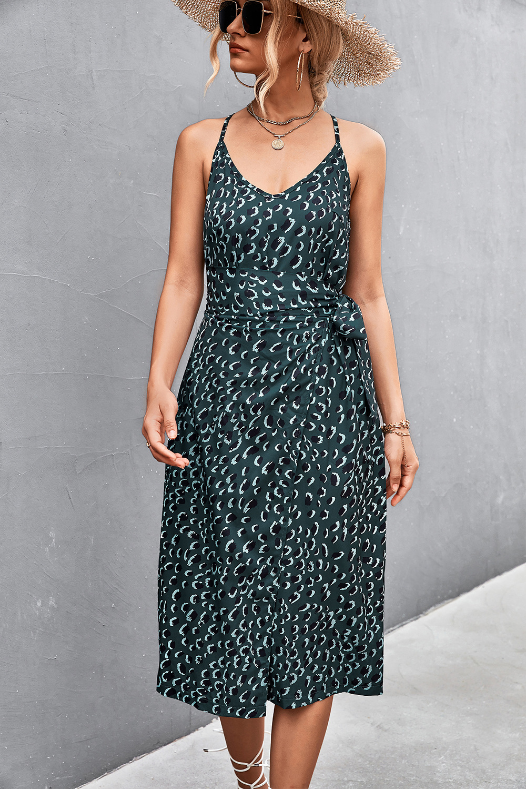 Floral Print Spaghetti Strap Wrap Midi Dress