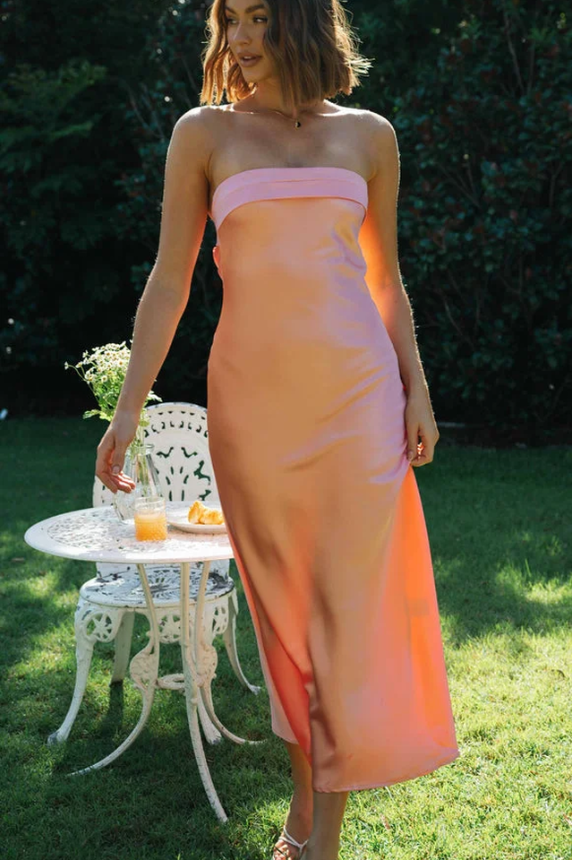 Satin Strapless Bias Cut Slip Midi Dress