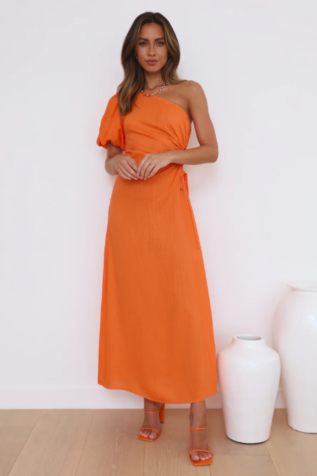 One Shoulder Puff Sleeve Ruched Slit Midi Dress