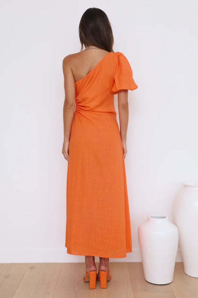 One Shoulder Puff Sleeve Ruched Slit Midi Dress