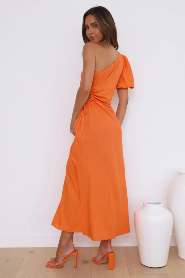 One Shoulder Puff Sleeve Ruched Slit Midi Dress