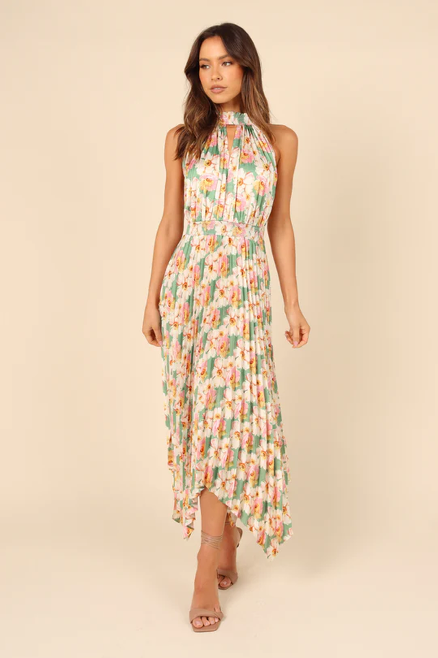 Floral Print Halter Neck Pleated Midi Dress