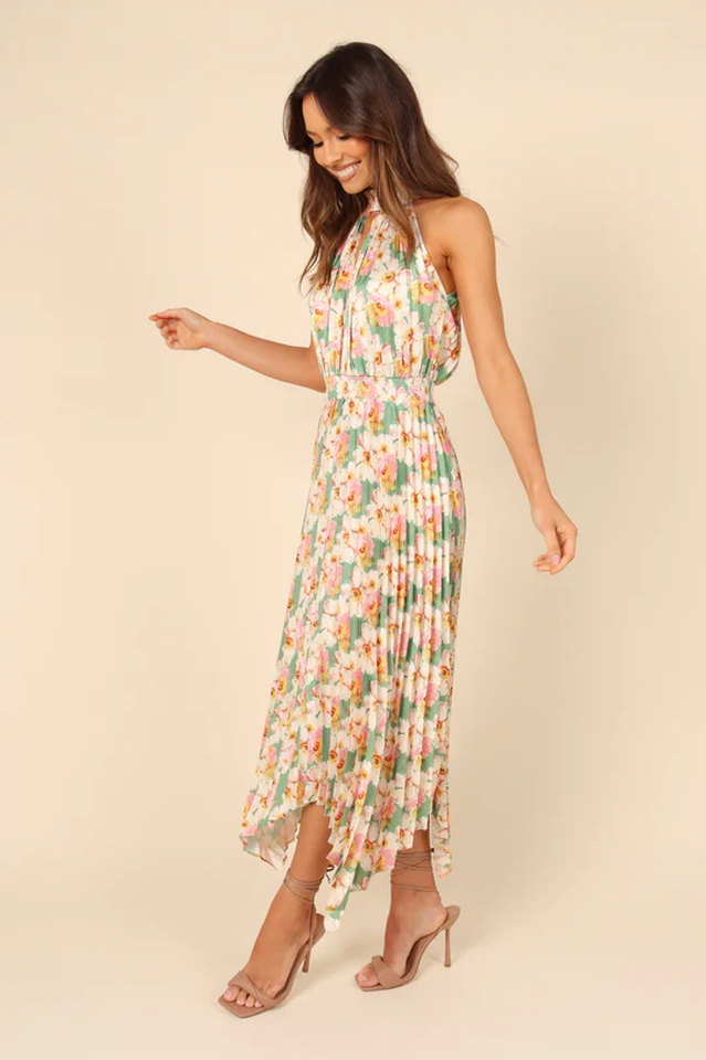 Floral Print Halter Neck Pleated Midi Dress