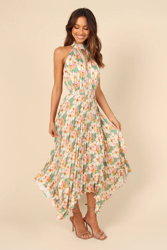 Floral Print Halter Neck Pleated Midi Dress