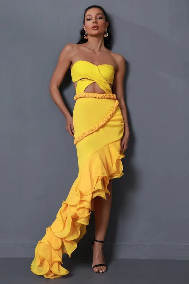 Strapless Twist Front Cut Out Ruffle High Low Dress 2