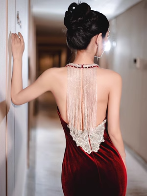 Luxury Mermaid Velvet Evening Dress Red Long Prom Dress