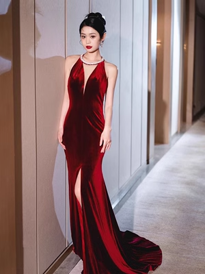 Luxury Mermaid Velvet Evening Dress Red Long Prom Dress