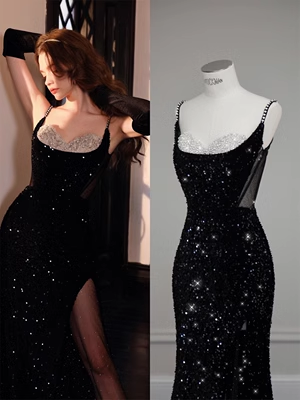 Luxury Mermaid Sequin Evening Dress Black Long Prom Dress