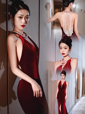 Luxury Mermaid Velvet Evening Dress Red Long Prom Dress