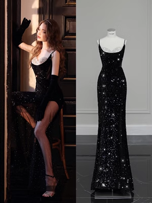Luxury Mermaid Sequin Evening Dress Black Long Prom Dress