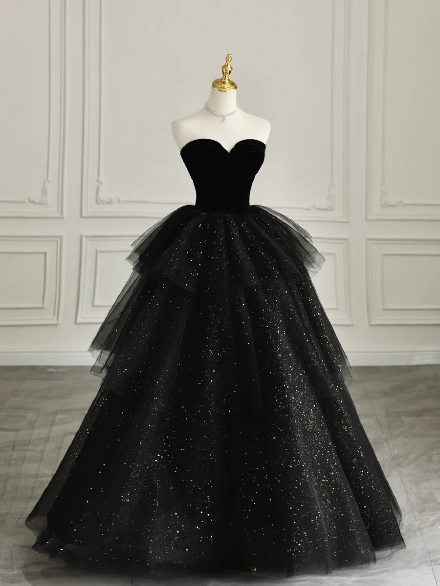 Black Strapless Tulle Formal Dress with Velvet Long Prom Dress